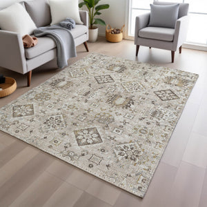 HomeRoots 5' Timeless Linen and Ivory Floral Medallion Area Rug - Durable, Washable Design for Indoors & Outdoors 5' X 8' 628579