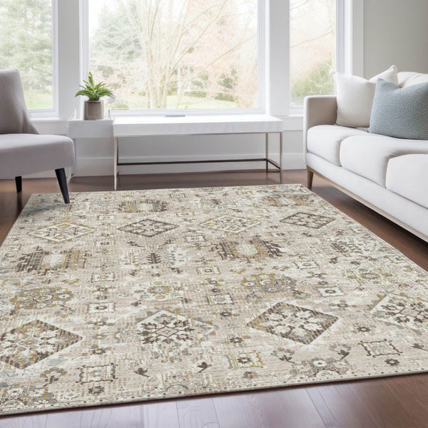 HomeRoots 5' Timeless Linen and Ivory Floral Medallion Area Rug - Durable, Washable Design for Indoors & Outdoors 5' X 8' 628579