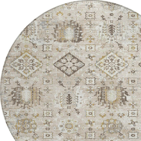 HomeRoots 5' Timeless Linen and Ivory Floral Medallion Area Rug - Durable, Washable Design for Indoors & Outdoors 8' Round 628580