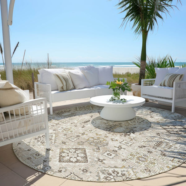 HomeRoots 5' Timeless Linen and Ivory Floral Medallion Area Rug - Durable, Washable Design for Indoors & Outdoors 8' Round 628580