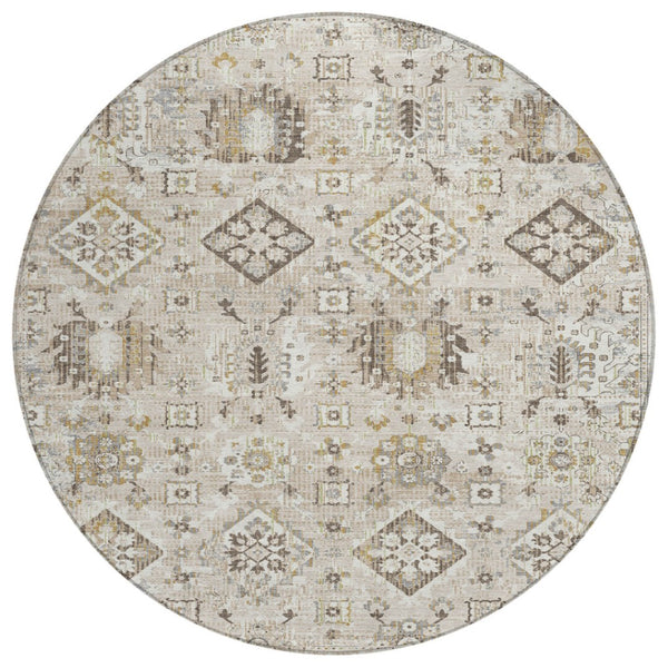 HomeRoots 5' Timeless Linen and Ivory Floral Medallion Area Rug - Durable, Washable Design for Indoors & Outdoors 8' Round 628580