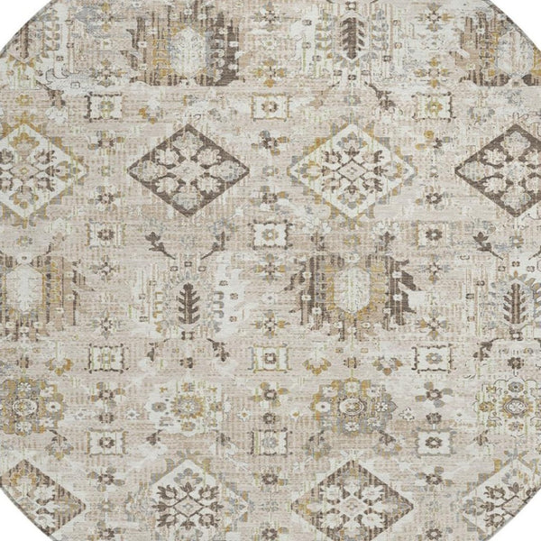 HomeRoots 5' Timeless Linen and Ivory Floral Medallion Area Rug - Durable, Washable Design for Indoors & Outdoors 8' Round 628580