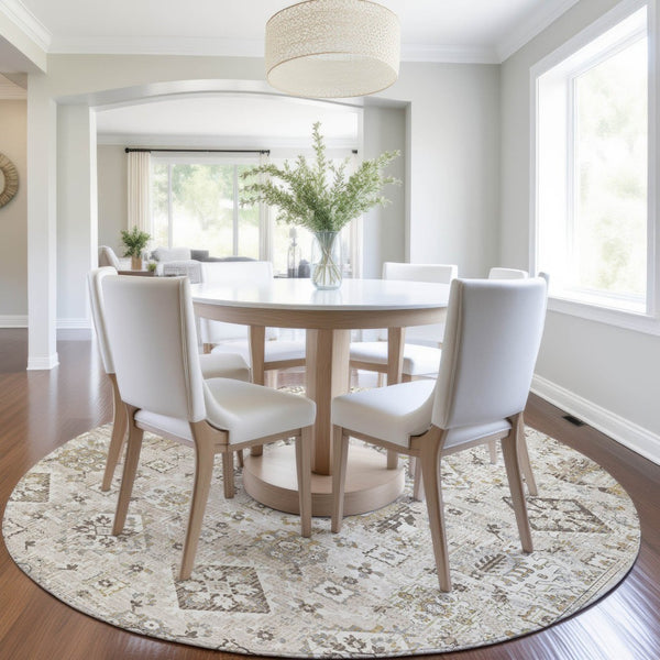 HomeRoots 5' Timeless Linen and Ivory Floral Medallion Area Rug - Durable, Washable Design for Indoors & Outdoors 8' Round 628580