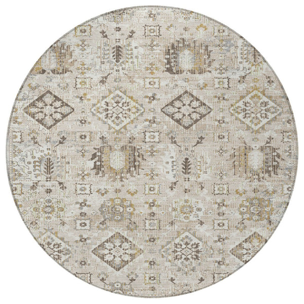 HomeRoots 5' Timeless Linen and Ivory Floral Medallion Area Rug - Durable, Washable Design for Indoors & Outdoors 8' Round 628580