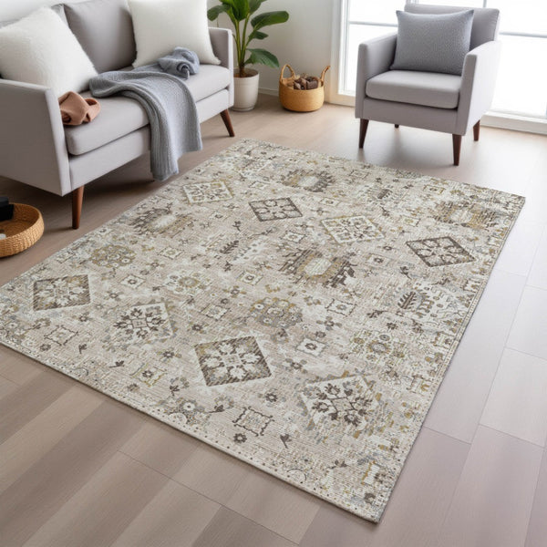 HomeRoots 5' Timeless Linen and Ivory Floral Medallion Area Rug - Durable, Washable Design for Indoors & Outdoors 8' X 10' 628581