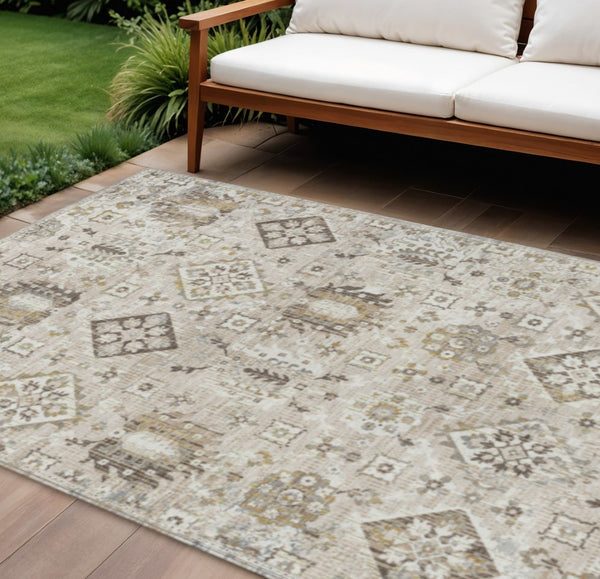 HomeRoots 5' Timeless Linen and Ivory Floral Medallion Area Rug - Durable, Washable Design for Indoors & Outdoors 9' X 12' 628582