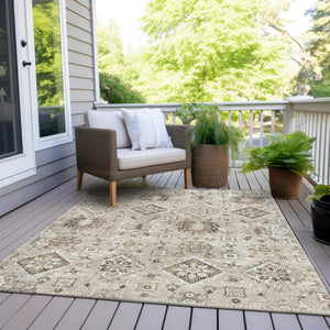 HomeRoots 5' Timeless Linen and Ivory Floral Medallion Area Rug - Durable, Washable Design for Indoors & Outdoors 10' X 14' 628583