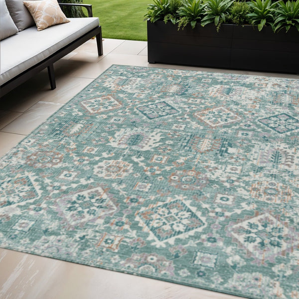 HomeRoots 5' Elegant Pale Aqua and Copper Floral Medallion Rug - Washable, Stain-Resistant for Indoor/Outdoor Use 5' X 8' 628585