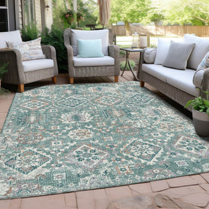 HomeRoots 5' Elegant Pale Aqua and Copper Floral Medallion Rug - Washable, Stain-Resistant for Indoor/Outdoor Use 5' X 8' 628585