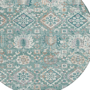 HomeRoots 5' Elegant Pale Aqua and Copper Floral Medallion Rug - Washable, Stain-Resistant for Indoor/Outdoor Use 8' Round 628586