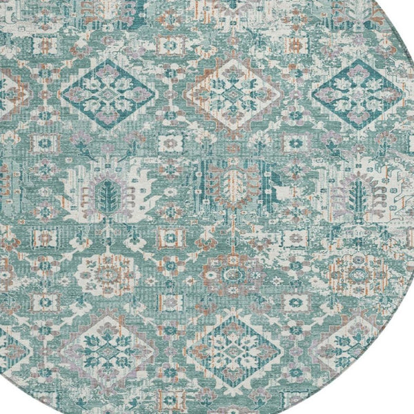 HomeRoots 5' Elegant Pale Aqua and Copper Floral Medallion Rug - Washable, Stain-Resistant for Indoor/Outdoor Use 8' Round 628586