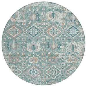 HomeRoots 5' Elegant Pale Aqua and Copper Floral Medallion Rug - Washable, Stain-Resistant for Indoor/Outdoor Use 8' Round 628586