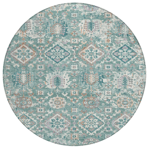 HomeRoots 5' Elegant Pale Aqua and Copper Floral Medallion Rug - Washable, Stain-Resistant for Indoor/Outdoor Use 8' Round 628586