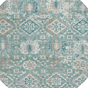 HomeRoots 5' Elegant Pale Aqua and Copper Floral Medallion Rug - Washable, Stain-Resistant for Indoor/Outdoor Use 8' Round 628586