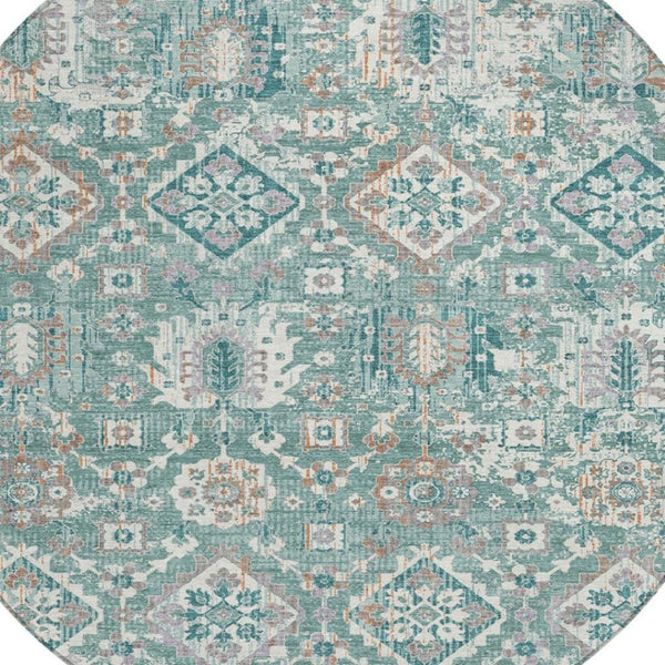 HomeRoots 5' Elegant Pale Aqua and Copper Floral Medallion Rug - Washable, Stain-Resistant for Indoor/Outdoor Use 8' Round 628586