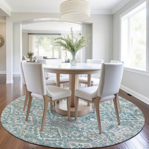 HomeRoots 5' Elegant Pale Aqua and Copper Floral Medallion Rug - Washable, Stain-Resistant for Indoor/Outdoor Use 8' Round 628586