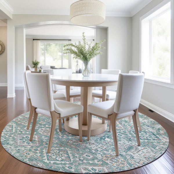 HomeRoots 5' Elegant Pale Aqua and Copper Floral Medallion Rug - Washable, Stain-Resistant for Indoor/Outdoor Use 8' Round 628586