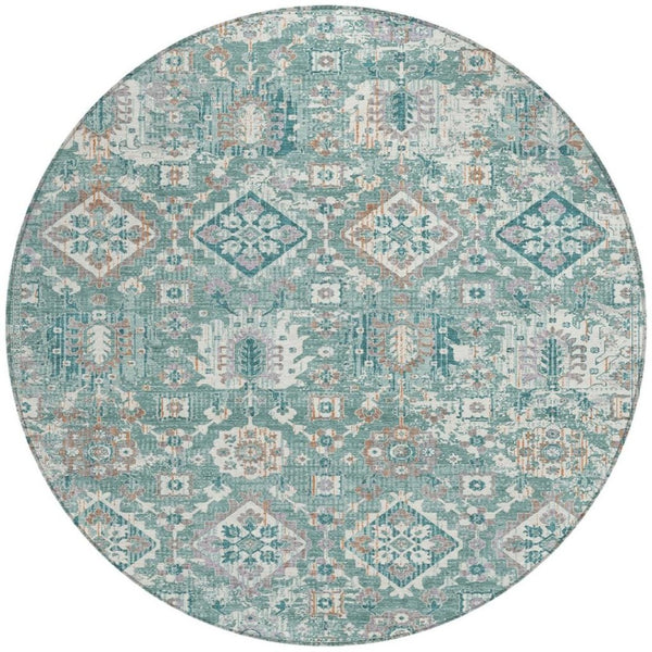 HomeRoots 5' Elegant Pale Aqua and Copper Floral Medallion Rug - Washable, Stain-Resistant for Indoor/Outdoor Use 8' Round 628586