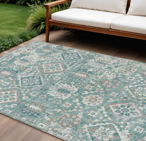 HomeRoots 5' Elegant Pale Aqua and Copper Floral Medallion Rug - Washable, Stain-Resistant for Indoor/Outdoor Use 8' X 10' 628587
