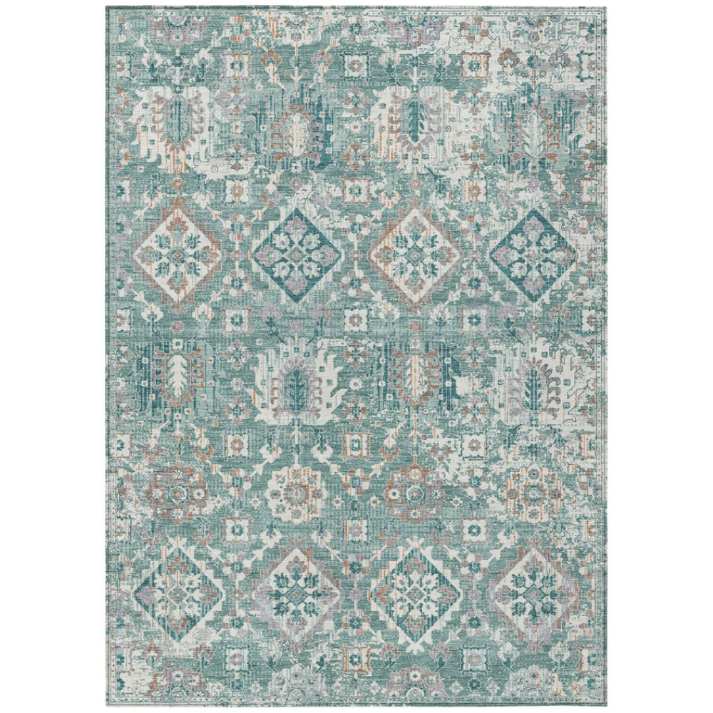HomeRoots 5' Elegant Pale Aqua and Copper Floral Medallion Rug - Washable, Stain-Resistant for Indoor/Outdoor Use 8' X 10' 628587