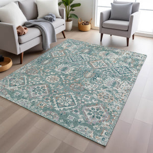 HomeRoots 5' Elegant Pale Aqua and Copper Floral Medallion Rug - Washable, Stain-Resistant for Indoor/Outdoor Use 9' X 12' 628588