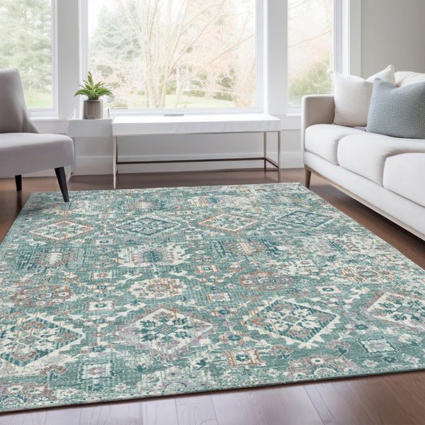 HomeRoots 5' Elegant Pale Aqua and Copper Floral Medallion Rug - Washable, Stain-Resistant for Indoor/Outdoor Use 9' X 12' 628588