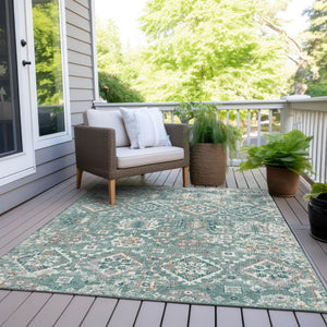HomeRoots 5' Elegant Pale Aqua and Copper Floral Medallion Rug - Washable, Stain-Resistant for Indoor/Outdoor Use 9' X 12' 628588
