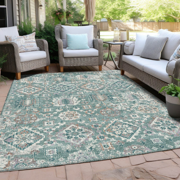 HomeRoots 5' Elegant Pale Aqua and Copper Floral Medallion Rug - Washable, Stain-Resistant for Indoor/Outdoor Use 10' X 14' 628589