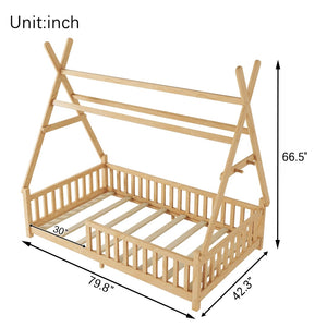 English Elm Twin Montessori Floor Bed House Frame with Led Lighting and Safety Rails for Kids Natural W2593P440573
