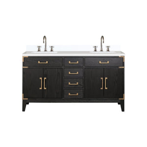 English Elm Black Oak Double Bath Vanity 60" W With White Quartz Top & Chrome Faucet, Modern Storage Solution B2731P260945