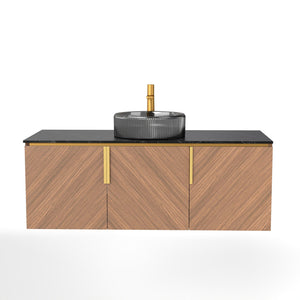 English Elm Arai 48" Modern Bathroom Vanity With Black Glass Basin & Sintered Stone Top, Brown Oak Cabinet Design W2615S00361
