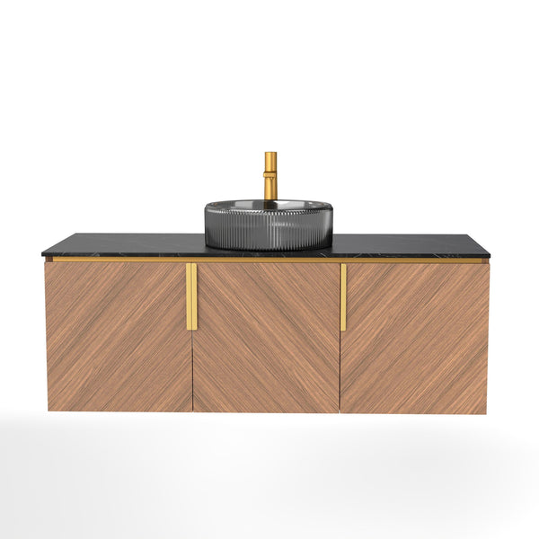 English Elm Arai 48" Modern Bathroom Vanity With Black Glass Basin & Sintered Stone Top, Brown Oak Cabinet Design W2615S00361