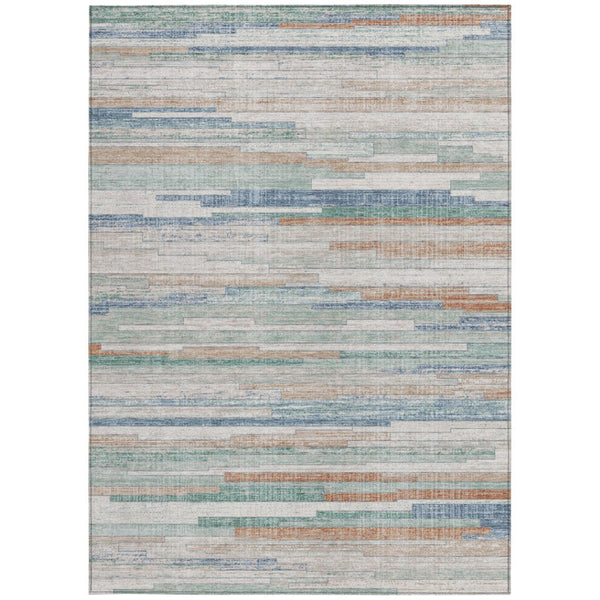 HomeRoots 5' Coastal Charm Linen and Aqua Striped Washable Area Rug for Indoor and Outdoor Spaces 5' X 8' 628633