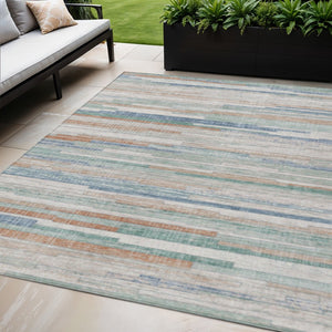 HomeRoots 5' Coastal Charm Linen and Aqua Striped Washable Area Rug for Indoor and Outdoor Spaces 5' X 8' 628633