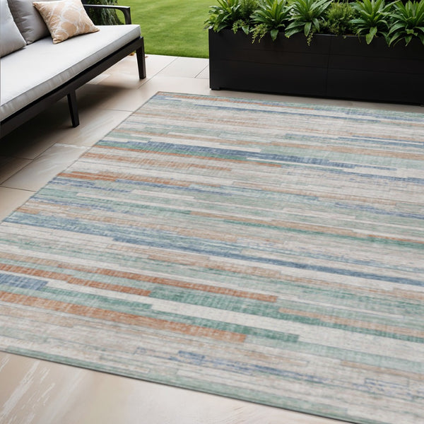 HomeRoots 5' Coastal Charm Linen and Aqua Striped Washable Area Rug for Indoor and Outdoor Spaces 5' X 8' 628633