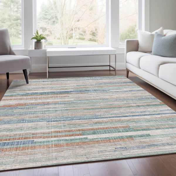 HomeRoots 5' Coastal Charm Linen and Aqua Striped Washable Area Rug for Indoor and Outdoor Spaces 5' X 8' 628633