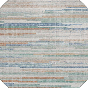 HomeRoots 5' Coastal Charm Linen and Aqua Striped Washable Area Rug for Indoor and Outdoor Spaces 8' Round 628634