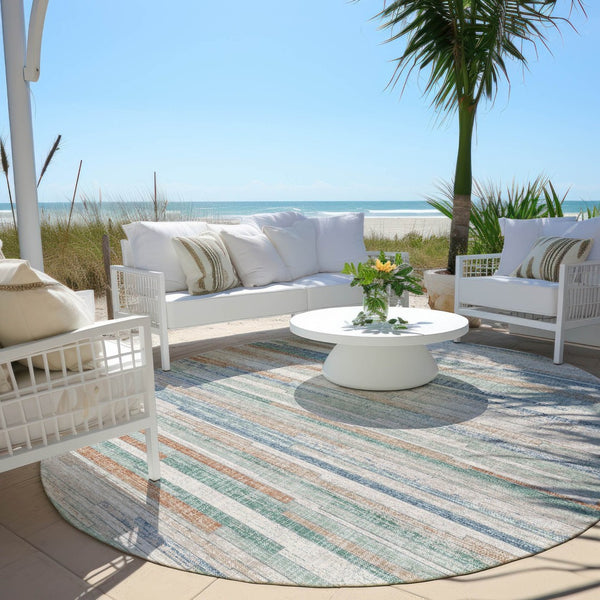HomeRoots 5' Coastal Charm Linen and Aqua Striped Washable Area Rug for Indoor and Outdoor Spaces 8' Round 628634