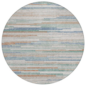 HomeRoots 5' Coastal Charm Linen and Aqua Striped Washable Area Rug for Indoor and Outdoor Spaces 8' Round 628634