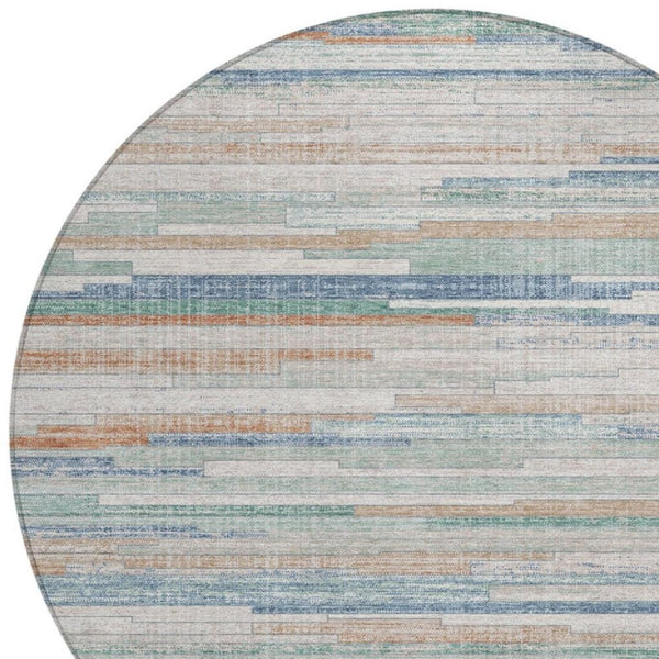 HomeRoots 5' Coastal Charm Linen and Aqua Striped Washable Area Rug for Indoor and Outdoor Spaces 8' Round 628634
