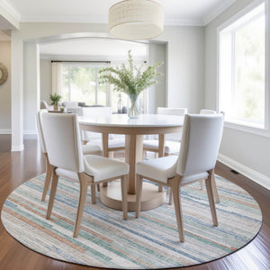 HomeRoots 5' Coastal Charm Linen and Aqua Striped Washable Area Rug for Indoor and Outdoor Spaces 8' Round 628634
