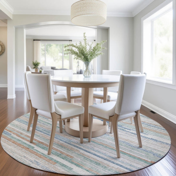 HomeRoots 5' Coastal Charm Linen and Aqua Striped Washable Area Rug for Indoor and Outdoor Spaces 8' Round 628634