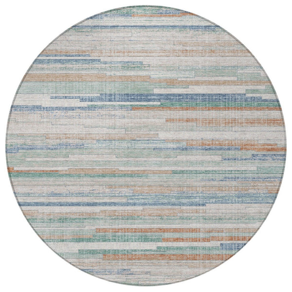 HomeRoots 5' Coastal Charm Linen and Aqua Striped Washable Area Rug for Indoor and Outdoor Spaces 8' Round 628634