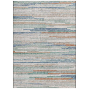 HomeRoots 5' Coastal Charm Linen and Aqua Striped Washable Area Rug for Indoor and Outdoor Spaces 8' X 10' 628635