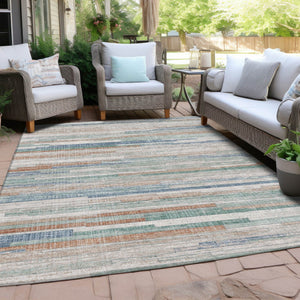 HomeRoots 5' Coastal Charm Linen and Aqua Striped Washable Area Rug for Indoor and Outdoor Spaces 8' X 10' 628635