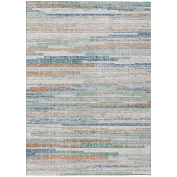 HomeRoots 5' Coastal Charm Linen and Aqua Striped Washable Area Rug for Indoor and Outdoor Spaces 8' X 10' 628635