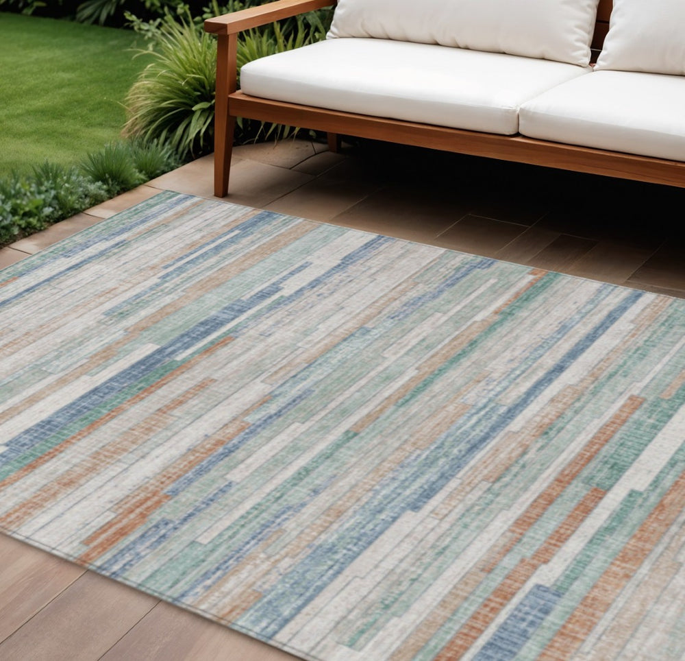 HomeRoots 5' Coastal Charm Linen and Aqua Striped Washable Area Rug for Indoor and Outdoor Spaces 9' X 12' 628636