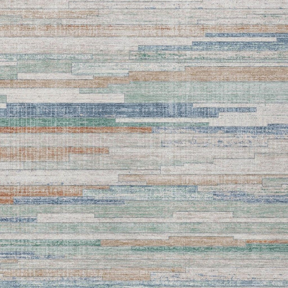 HomeRoots 5' Coastal Charm Linen and Aqua Striped Washable Area Rug for Indoor and Outdoor Spaces 9' X 12' 628636
