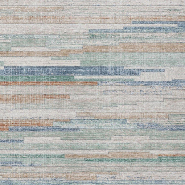 HomeRoots 5' Coastal Charm Linen and Aqua Striped Washable Area Rug for Indoor and Outdoor Spaces 9' X 12' 628636