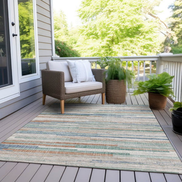 HomeRoots 5' Coastal Charm Linen and Aqua Striped Washable Area Rug for Indoor and Outdoor Spaces 9' X 12' 628636
